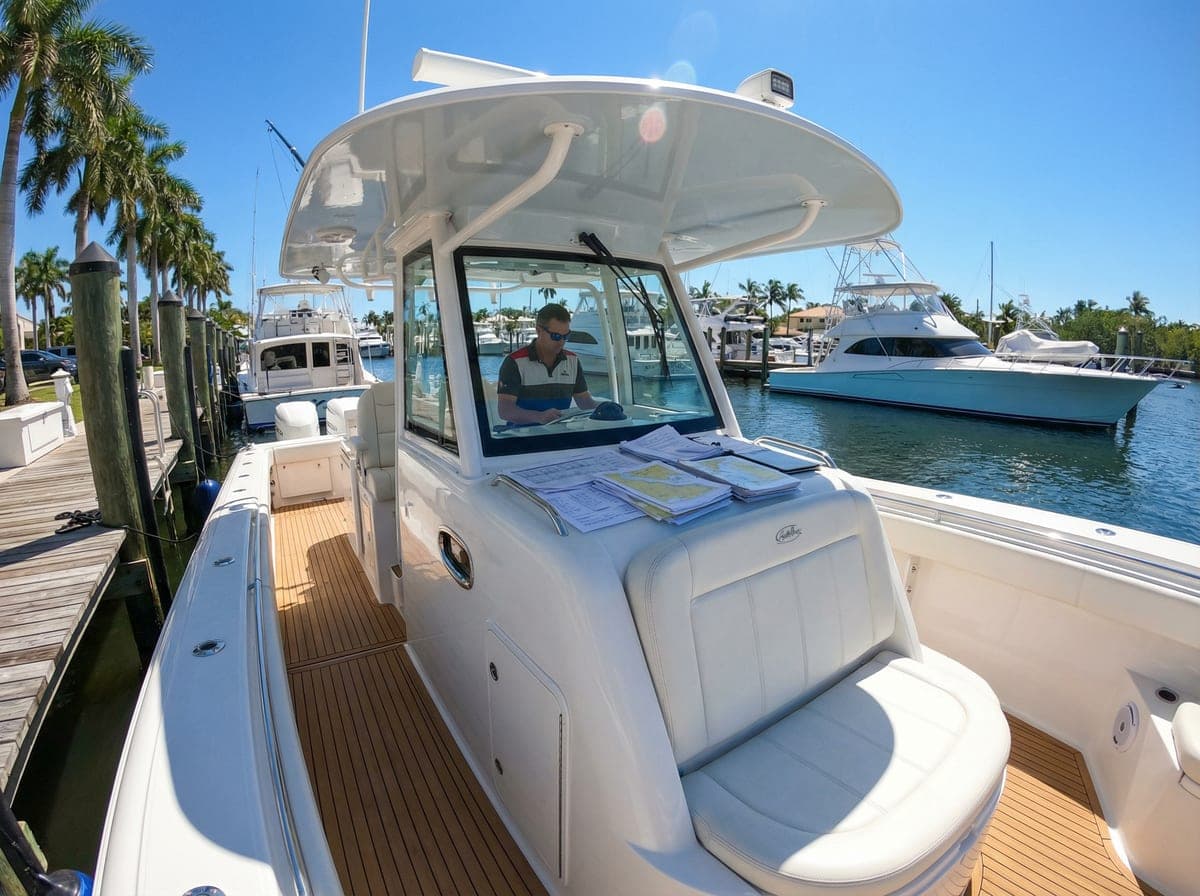 Buyer representation for center consoles in Palm Beach County Buy a center console in Jupiter FL — inspecting boat at marina